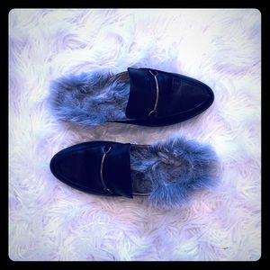 Black Leather Faux Fur Mules